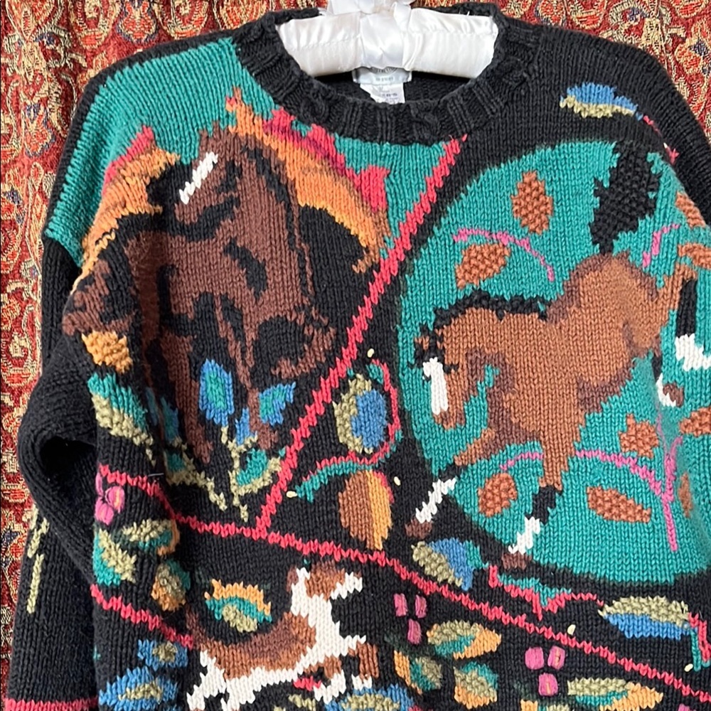 Miller’s Sportific Collection Vintage Art Sweater Equestrian WM M Horses Dog